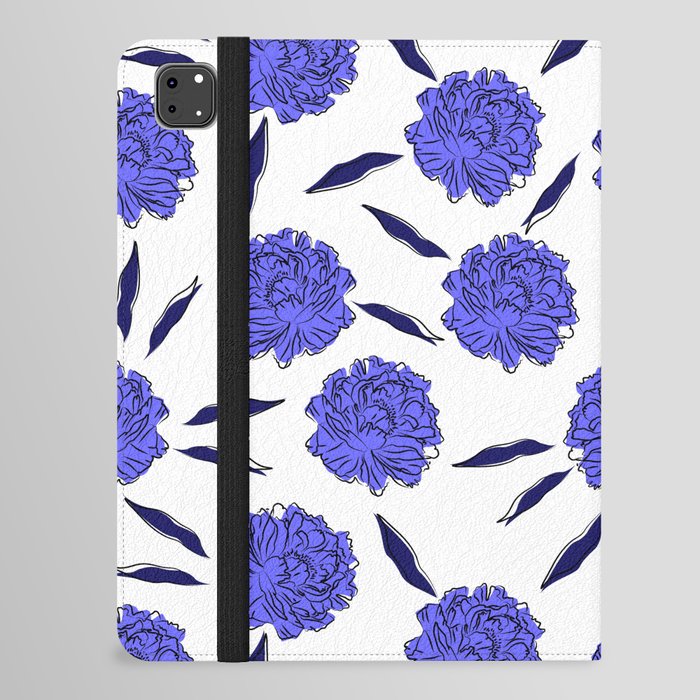 Pattern of blue flowers on a white background, line art peonies seamless pattern iPad Folio Case