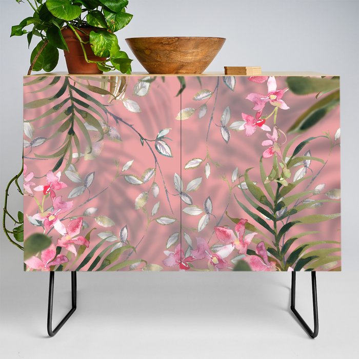 Tropical pink green gold floral orchid foliage Credenza