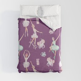 Vintage Ballerina and Unicorn Marionette Pattern on Dahlia Purple Duvet Cover