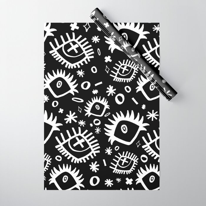 Black and White Trippy Doodle Eye Pattern Wrapping Paper