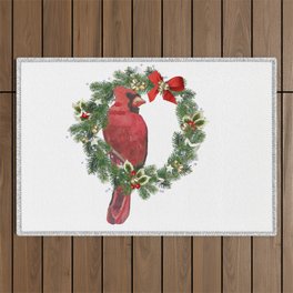 Red Watercolor Cardinal on a Holiday Wreath Outdoor Rug