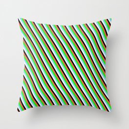 [ Thumbnail: Eye-catching Red, Lime, Light Sky Blue, Mint Cream & Black Colored Lined Pattern Throw Pillow ]