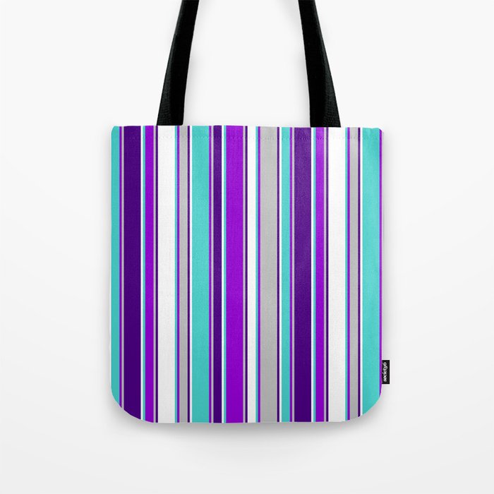 Eyecatching Turquoise, Dark Violet, Grey, Indigo, and White Colored Pattern of Stripes Tote Bag