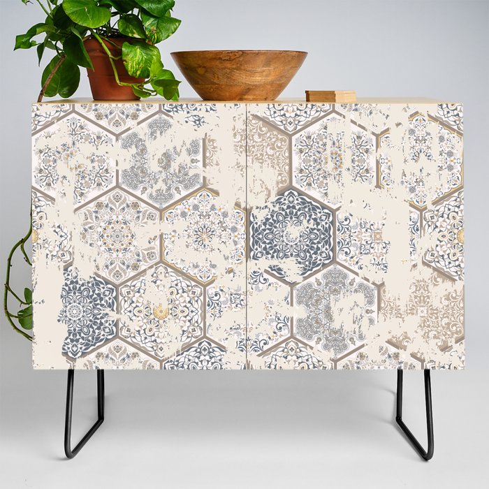 Seamless vintage pattern with an effect of attrition. Patchwork tiles. Hand drawn seamless abstract pattern from tiles. Azulejos tiles patchwork. Portuguese and Spain decor. Hexagon pattern Credenza