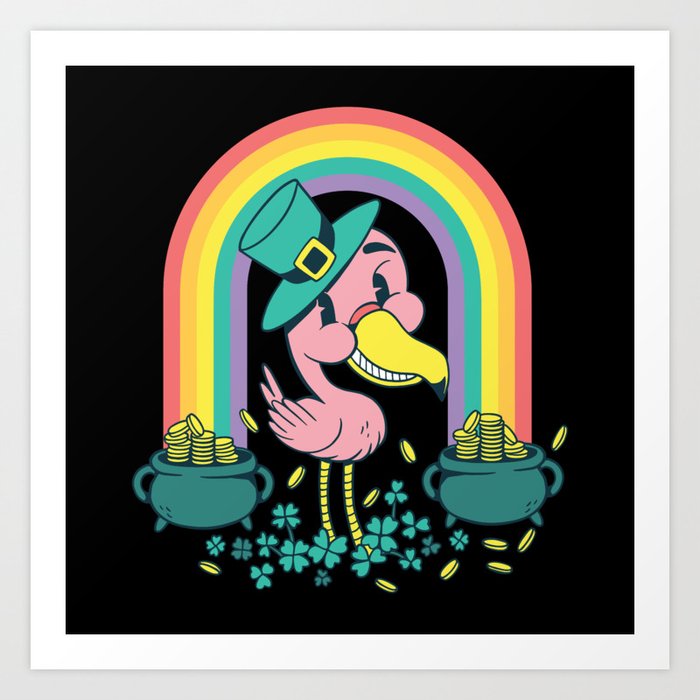 Flamingo stpatrick rainbow with gold cloverleaf Art Print