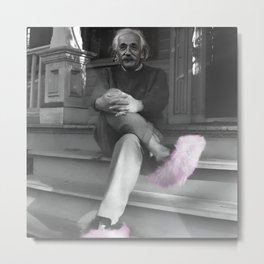 Satirical Einstein in Fuzzy Pink Slippers Classic E = mc² Black and White Satirical Photography  Metal Print | Oxford, Humorous, Poster, Theoryofrelativity, Posters, Genius, Slippers, Photo, Funny, Pink 