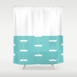 White Mustache on Turquoise Blue and White Horizontal Split Shower Curtain