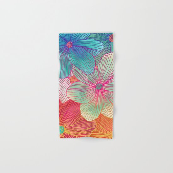 Between the Lines - tropical flowers in pink, orange, blue & mint Hand & Bath Towel