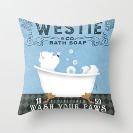 Westie west highland terrier dog bath bubble bath clawfoot tub Throw Pillow