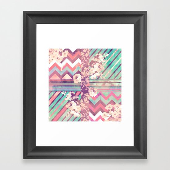Retro Pink Turquoise Floral Stripe Chevron Pattern Framed Art Print