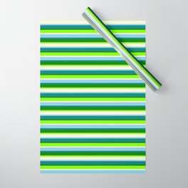 [ Thumbnail: Vibrant Chartreuse, Light Yellow, Sky Blue, Teal, and Green Colored Lined Pattern Wrapping Paper ]