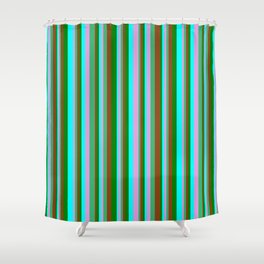 [ Thumbnail: Eye-catching Brown, Green, Cyan, Plum, and Sea Green Colored Stripes Pattern Shower Curtain ]