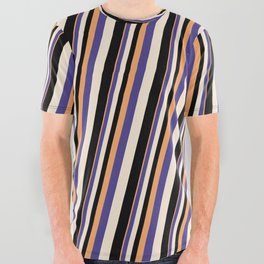 [ Thumbnail: Brown, Dark Slate Blue, Beige & Black Colored Striped Pattern All Over Graphic Tee ]