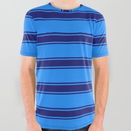 [ Thumbnail: Blue and Midnight Blue Colored Lined/Striped Pattern All Over Graphic Tee ]