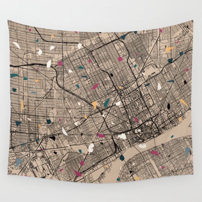 Detroit, Michigan - City Map - Terrazzo Aesthetic Wall Tapestry