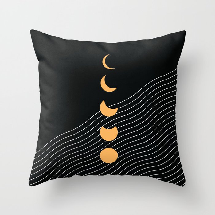 Moon Phases in Gold and Black (Moon and Ocean abstraction) Throw Pillow