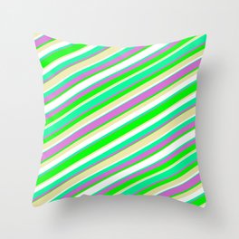 [ Thumbnail: Vibrant Green, Orchid, Lime, Pale Goldenrod, and White Colored Pattern of Stripes Throw Pillow ]