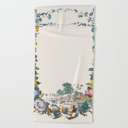 Letter with flower wreath and landscape with farm and animals (1829–1880) Beach Towel
