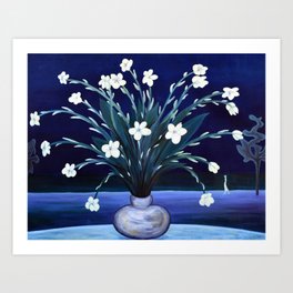 Night of the Blue & White Canadian Anemone and Lonely Female Figure by Marguerite Blasingame Art Print