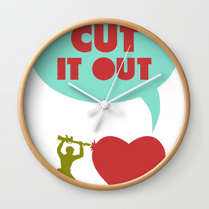 Cut it out - funny vector illustration with toy soldier, typography, and heart in green red and blue Wall Clock
