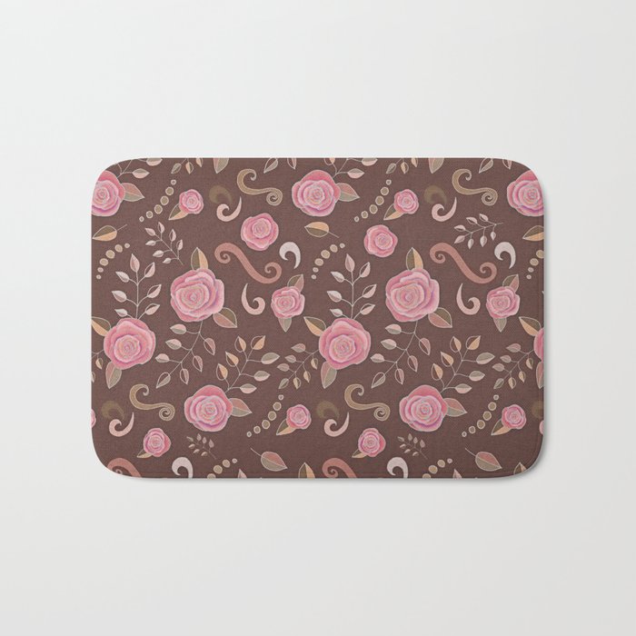 Coffee Roses - vintage rose pattern in pink and brown Bath Mat