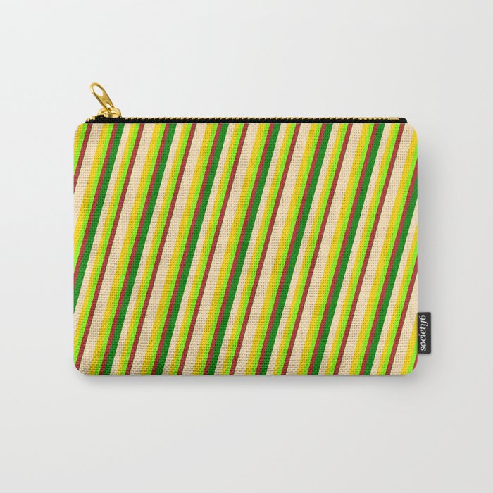 Vibrant Beige, Yellow, Chartreuse, Red & Green Colored Pattern of Stripes Carry-All Pouch
