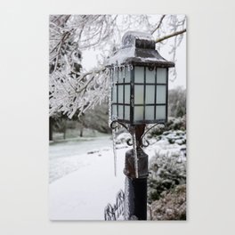 Winter Welcome Rustic Lamppost and Landscape with Snow and Ice Canvas Print