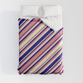 [ Thumbnail: Light Coral, Light Yellow, and Blue Colored Lined/Striped Pattern Duvet Cover ]