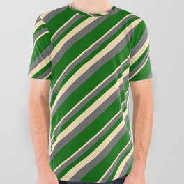 [ Thumbnail: Beige, Dim Gray & Dark Green Colored Lined Pattern All Over Graphic Tee ]