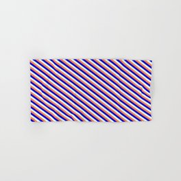 [ Thumbnail: Coral, Blue & Light Cyan Colored Striped/Lined Pattern Hand & Bath Towel ]