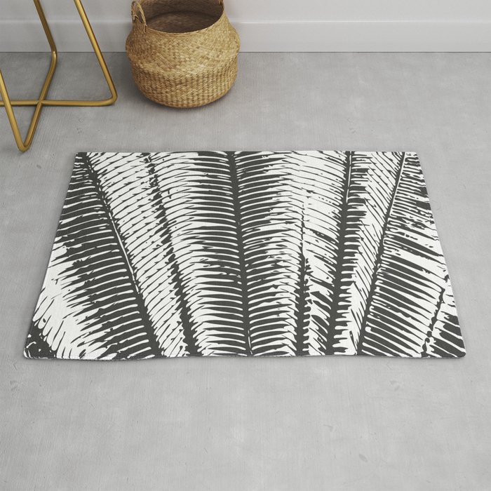 Black and White Modern Tropical Palm Fronds Rug