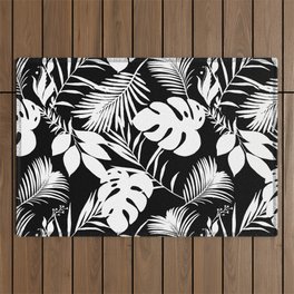 Tropical Monstera And Palm Leaves Black N White Outdoor Rug