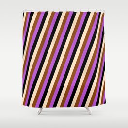 [ Thumbnail: Bisque, Brown, Orchid & Black Colored Striped Pattern Shower Curtain ]