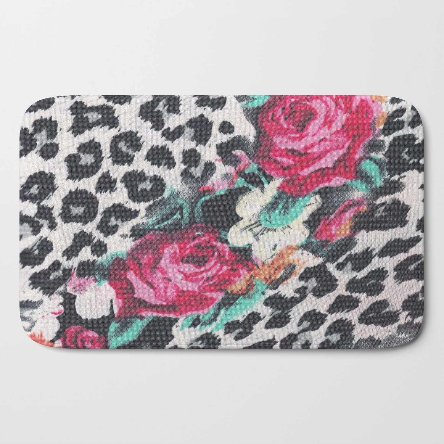 Vintage Black White Pink Floral Cheetah Animal Print Bath Mat By