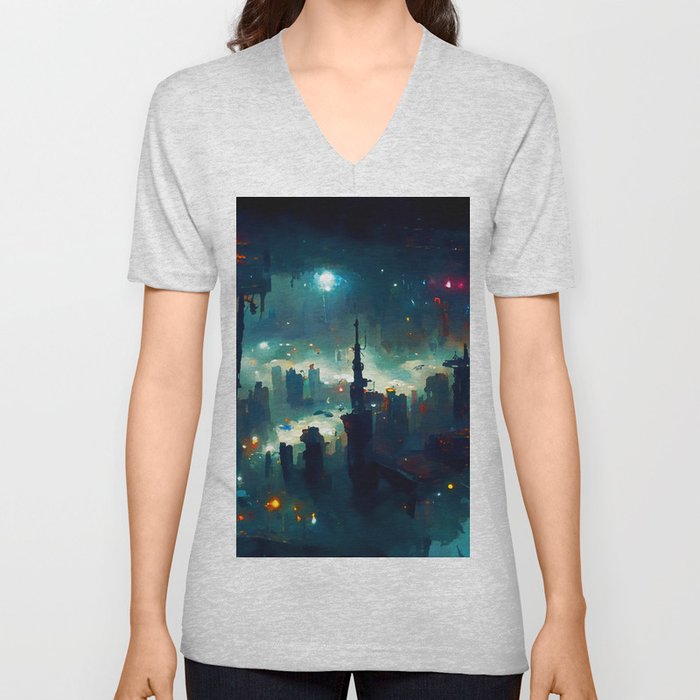 Postcards from the Future - Cyberpunk Cityscape V Neck T Shirt