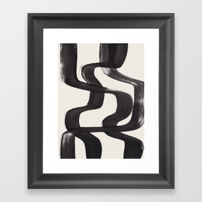 Mid Century Modern Minimalist Abstract Art Brush Strokes Black & White Ink Art Ripple Lines Framed Art Print