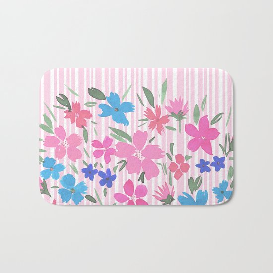 Floral Spring and Stripes Pink Bath Mat