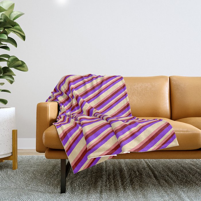 Purple, Beige, Light Coral & Maroon Colored Lined/Striped Pattern Throw Blanket
