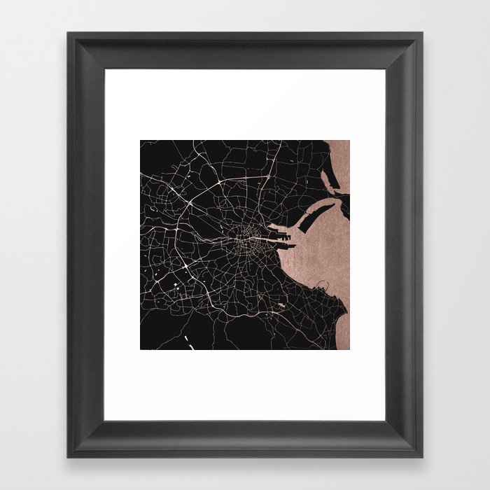 Black on Rosegold Dublin Street Map Framed Art Print