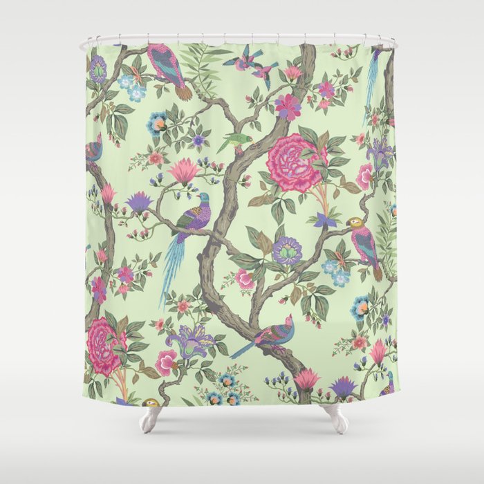 Chinoiserie Mint Green Pink Fresco Floral Garden Oriental Botanical Shower  Curtain by Archipelago