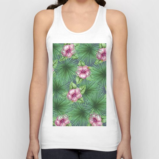 Jungle Love, Palm Leaves And Hibiscus Unisex Tank Top