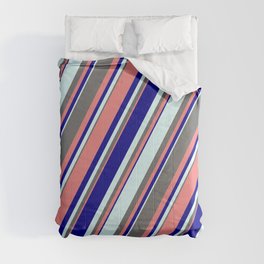[ Thumbnail: Dim Grey, Light Coral, Dark Blue & Light Cyan Colored Stripes Pattern Comforter ]