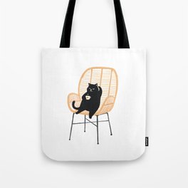 Lazy cat 2 enjoying coffee on rattan chair  Tote Bag