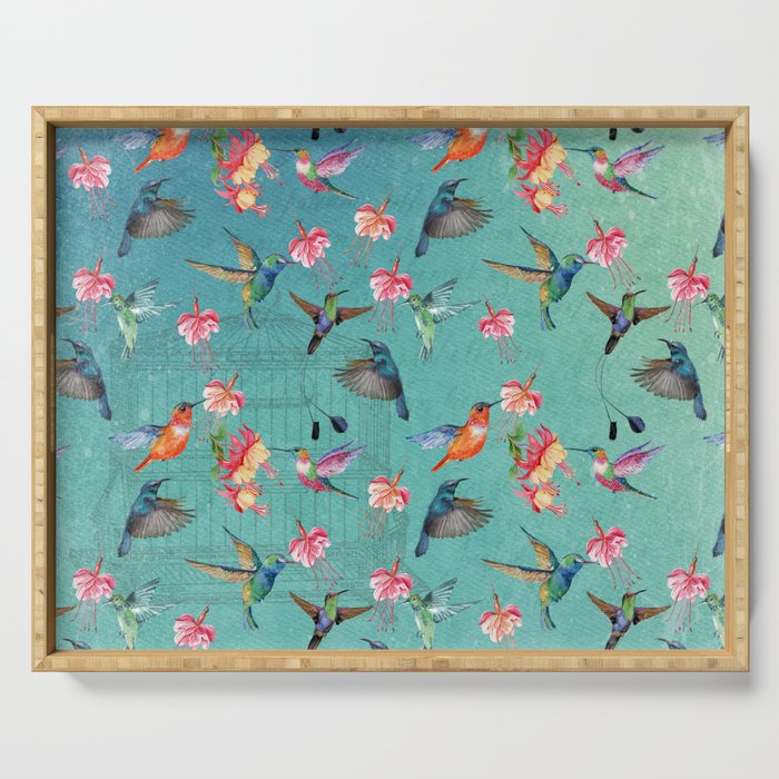 Vintage Watercolor hummingbirds and fuchsia flowers Serving Tray