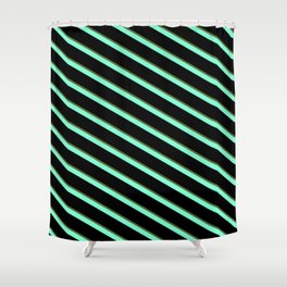 [ Thumbnail: Dark Olive Green, Aquamarine, and Black Colored Striped Pattern Shower Curtain ]