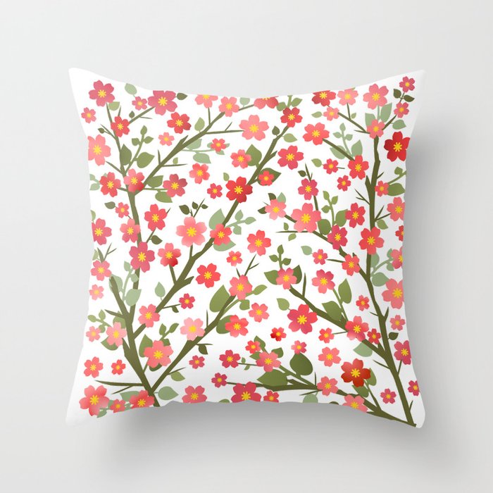 Lovely Blossoms - deep coral on white Throw Pillow