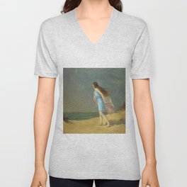 Girl on the Beach; lonely solitary female figure coastal portrait painting by Frank Richards V Neck T Shirt