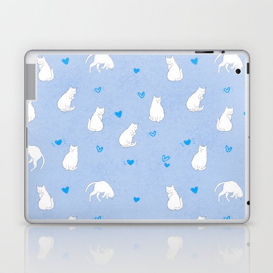 White Cats With Blue Hearts Pattern/Light Blue Background Laptop & iPad Skin