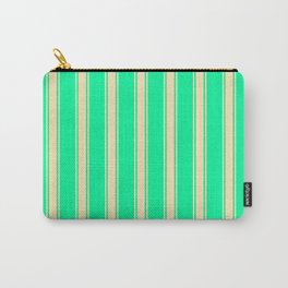 [ Thumbnail: Green & Beige Colored Lined/Striped Pattern Carry-All Pouch ]