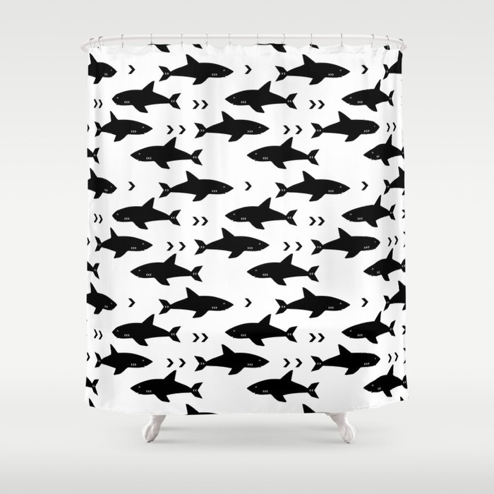 Sharks - shark week trendy black and white minimal kids pattern print Shower Curtain